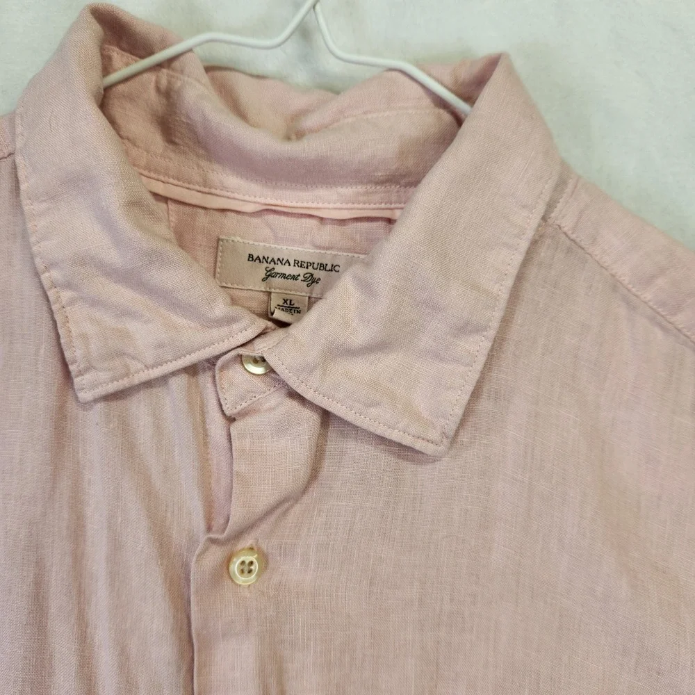 Banana Republic Garment Dye Linen Button Up Shirt Men XL Pink Long Sleeve Casual